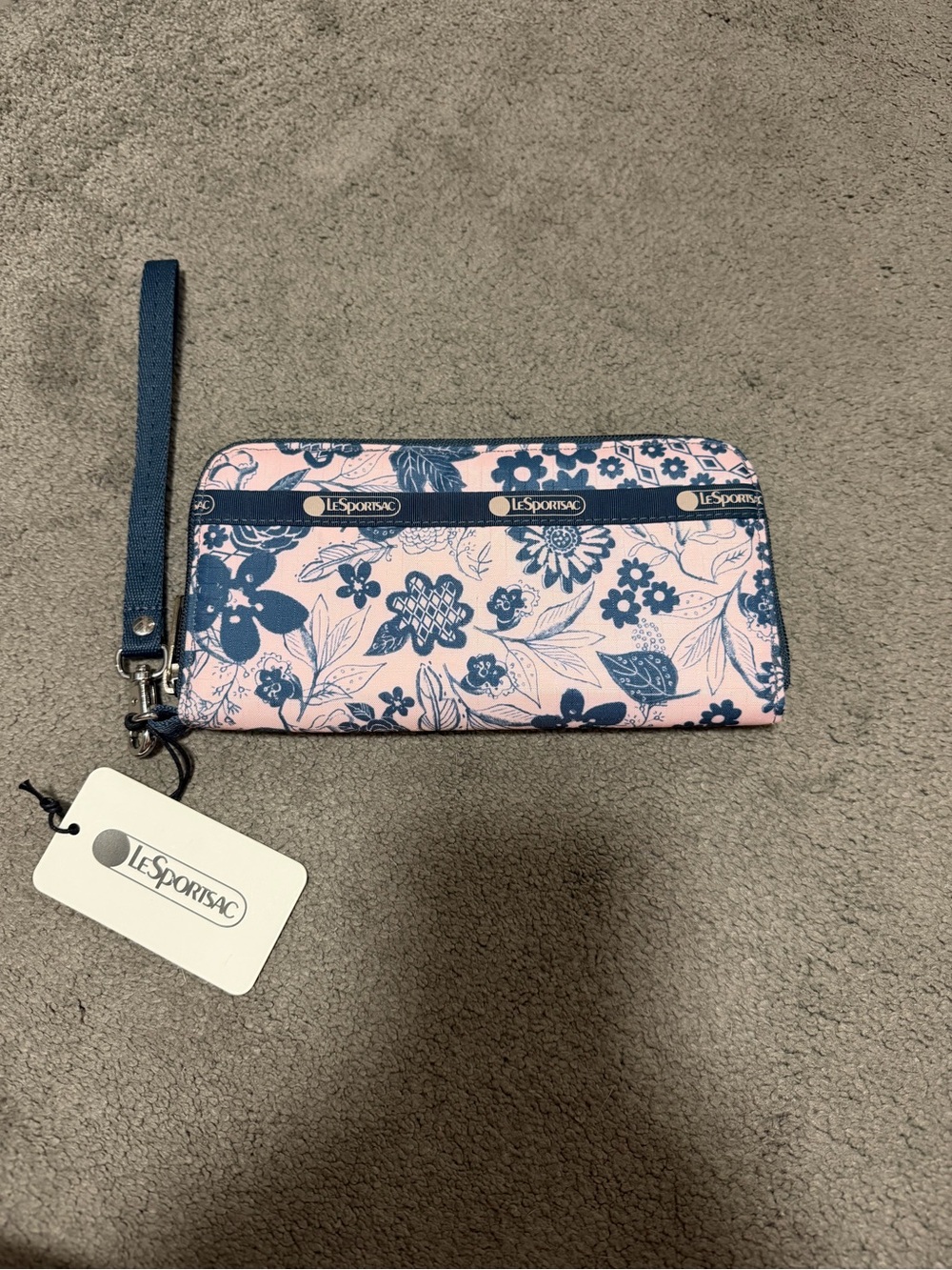 Lesportsac Pink Floral Wristlet with Navy Trim NWT